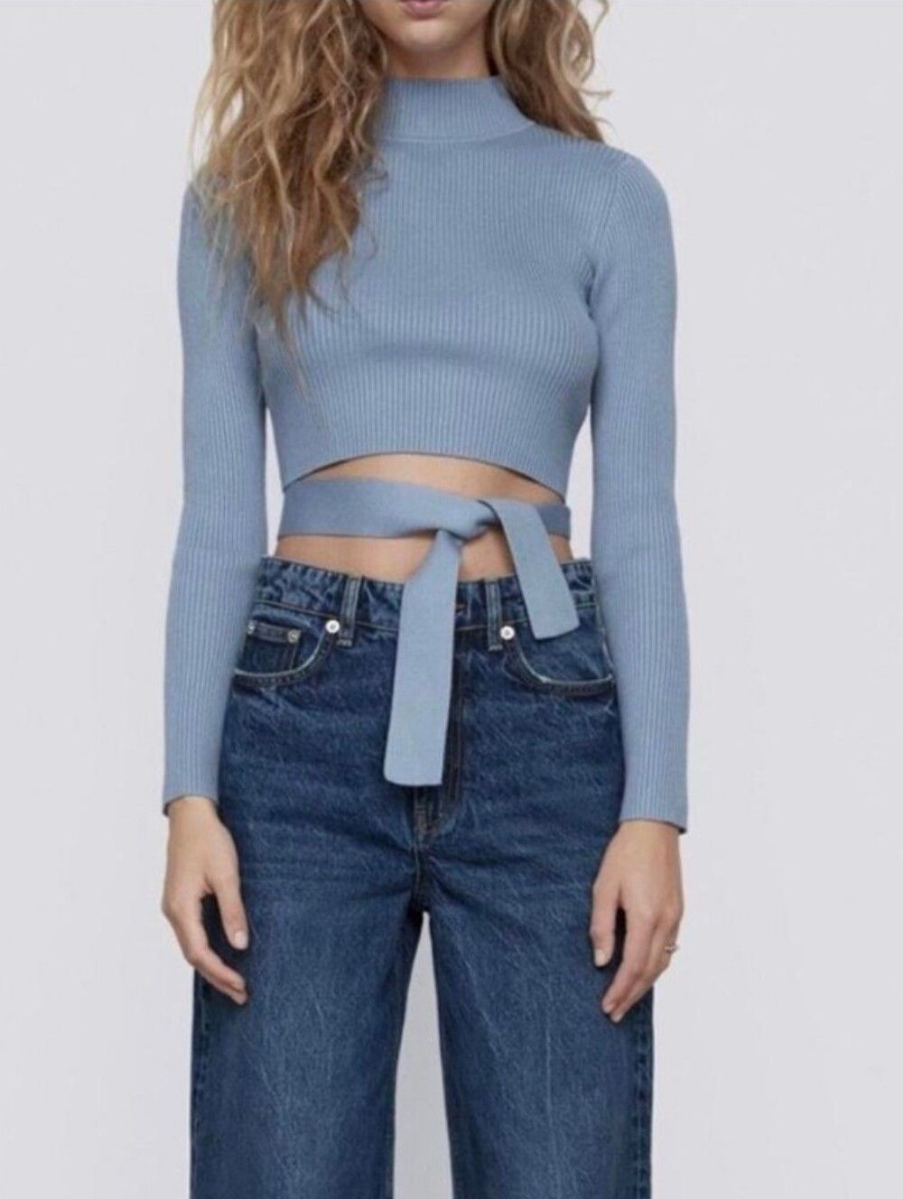 Zara Womens Light Blue Mock Neck Ribbed Tie Waist Crop Sweater Size Medium